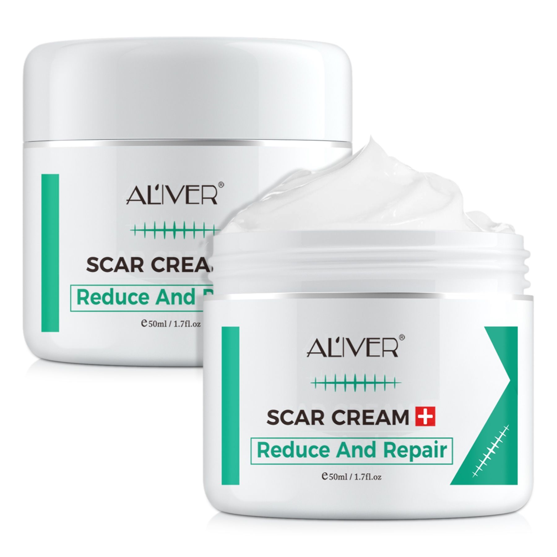 Zwei Tiegel ALIVER Narbencreme. Text: Reduce And Repair. Grün-weiße Verpackung. Aufschrift: 50ml/1.7fl.oz.