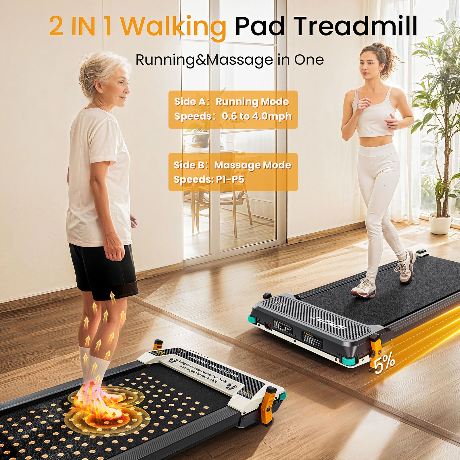 Text: 2 IN 1 Walking Pad Treadmill. Zwei Personen auf Laufbändern. Text: Side A: Running Mode. Side B: Massage Mode. Grün-schwarze Details.