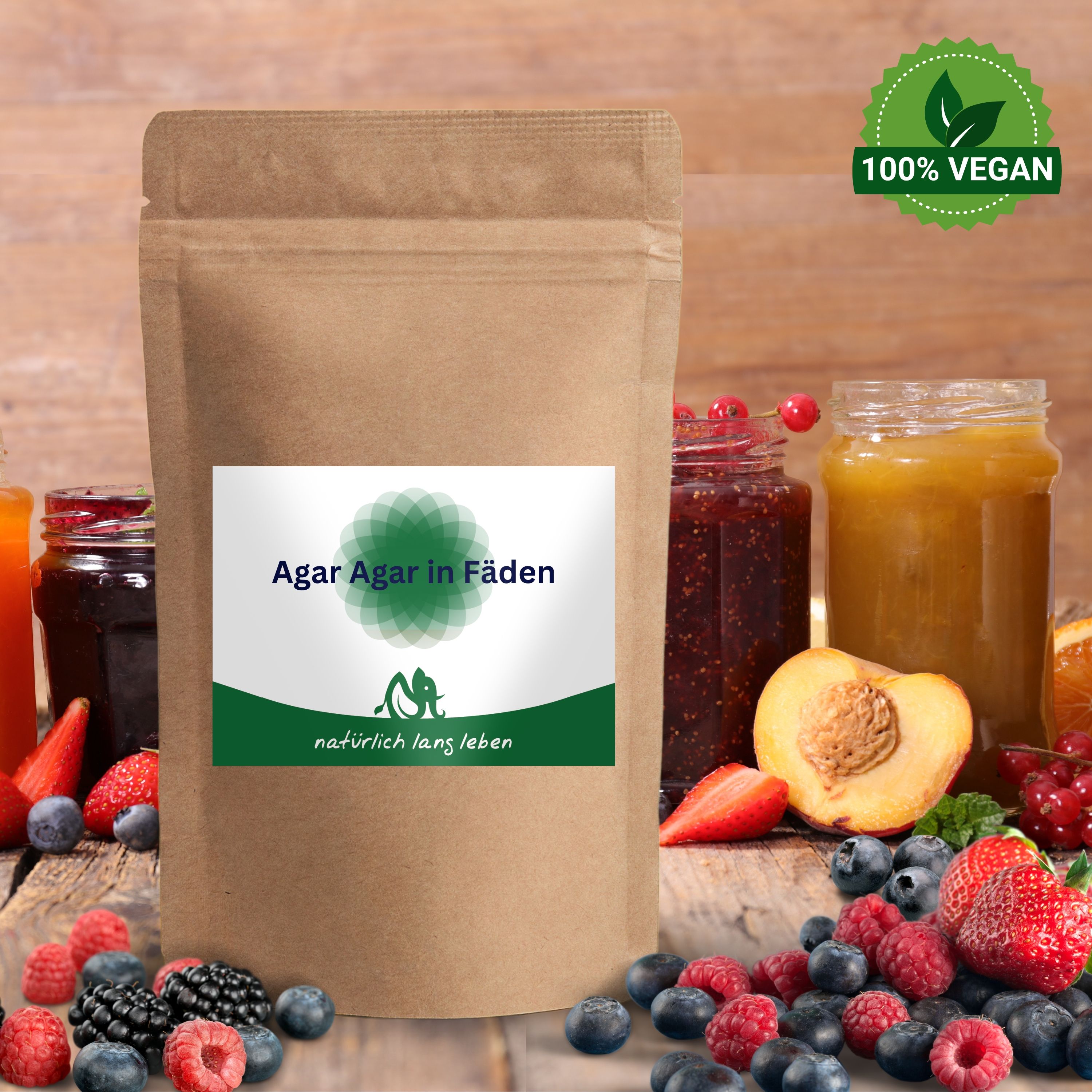Produktverpackung mit Label. Aufschrift: Agar Agar in Fäden. Logo und Schriftzug: natürlich lang leben. Vegan-Siegel.