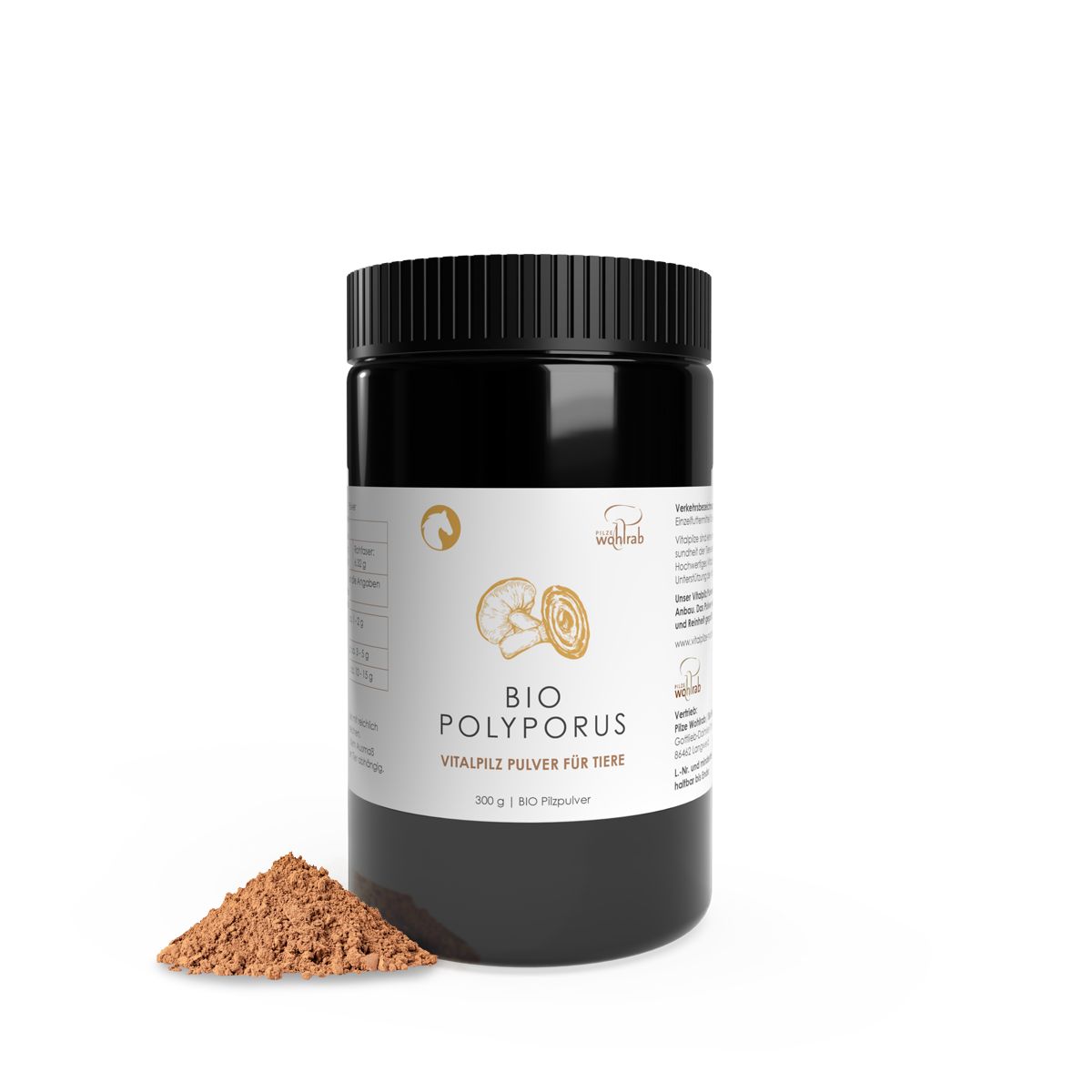Schwarze Dose mit weißem Etikett. BIO Polyporus Vitalpilz Pulver für Tiere. Braunes Pulver daneben.