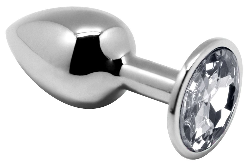 Metall-Analplug mit klarem Schmuckstein. Silberfarbenes Metall, klarer Stein.