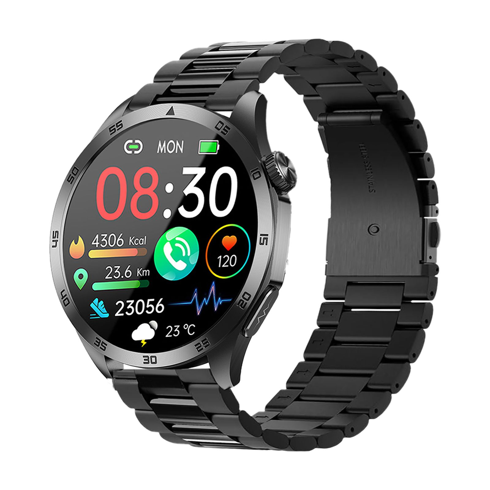 Schwarze Smartwatch mit Metallarmband. Rundes Display mit Gesundheitsdaten: Kalorien, Entfernung, Herzfrequenz. Anzeige von Uhrzeit und Tag.