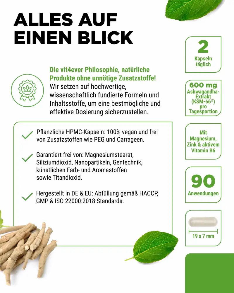 Produktinformationen. 2 Kapseln täglich. 600 mg Ashwagandha-Extrakt. Mit Magnesium, Zink & Vitamin B6. 90 Anwendungen.