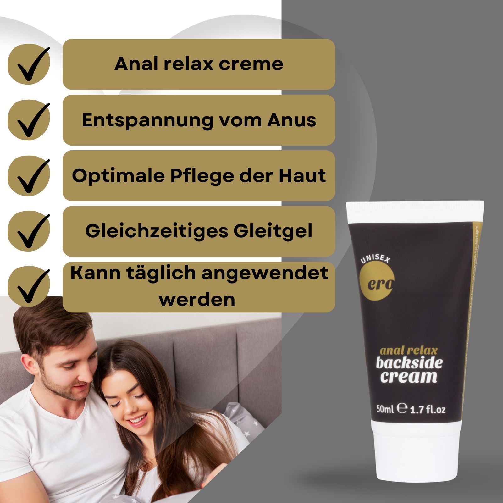 Produkt-Tube und Text. Text: Anal relax creme, Entspannung vom Anus, optimale Pflege, Gleitgel.