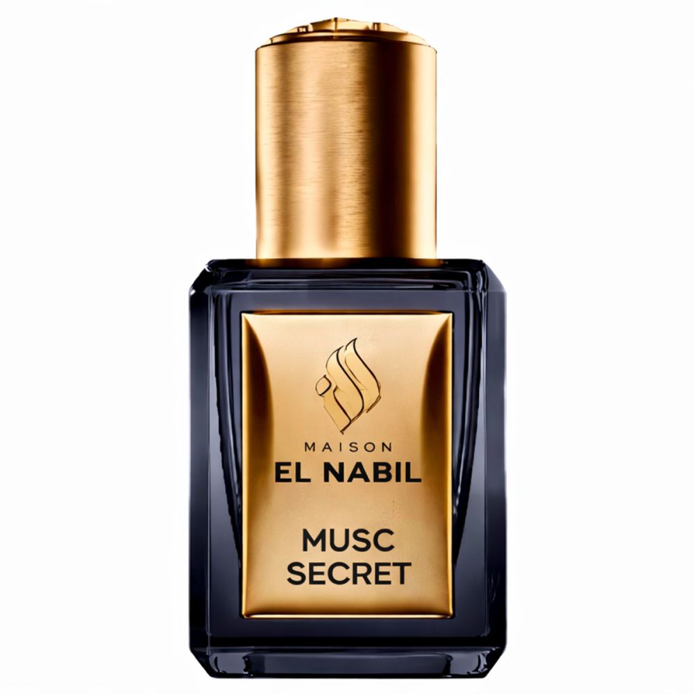 Schwarze Flasche mit goldener Kappe. Goldfarbenes Etikett mit "MAISON EL NABIL MUSC SECRET".