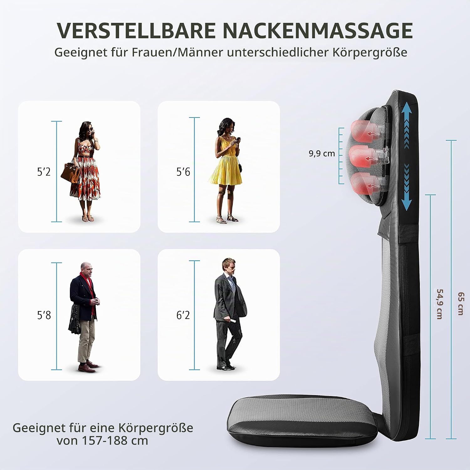 Massagekissen mit verstellbarer Nackenmassage. Grafiken zeigen Personen unterschiedlicher Größe (157-188 cm) und Maße des Kissens.