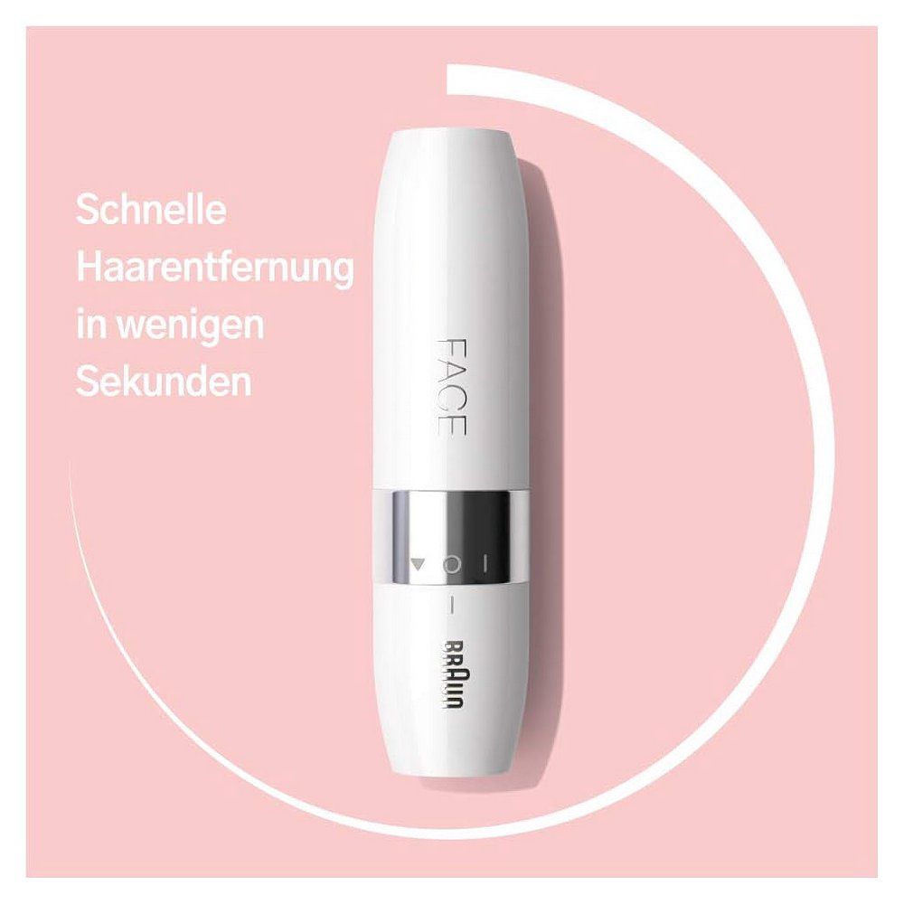 Elektrischer Gesichtsrasierer in Weiß mit silbernem Ring und Kappe, auf rosa Hintergrund.