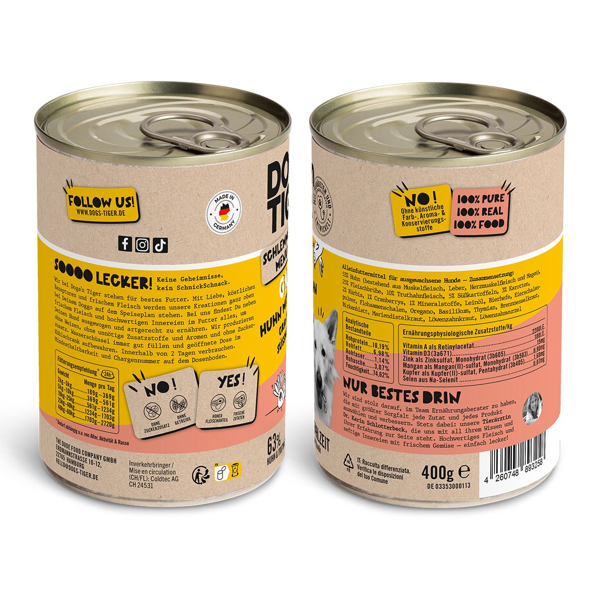 Zwei Seiten einer Hundefutterdose. Aufschrift: Dogs'n Tiger, Gaudi, Huhn mit Truthahn, Cranberry & Süßkartoffel. Mit Text.