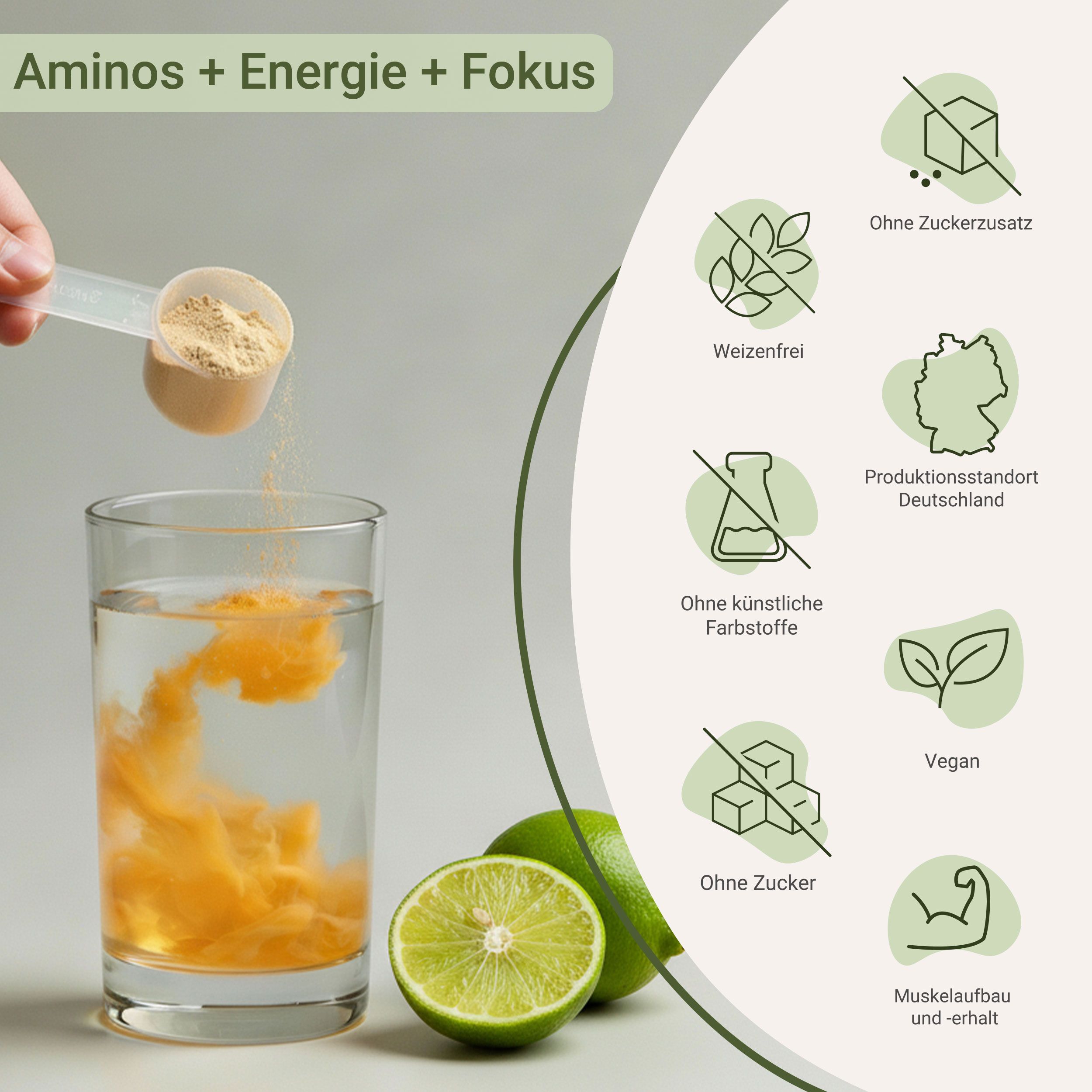 Person mischt Pulver in Glas. Aufschrift: for you amino energy. Limette und Symbole: zuckerfrei, vegan, etc.