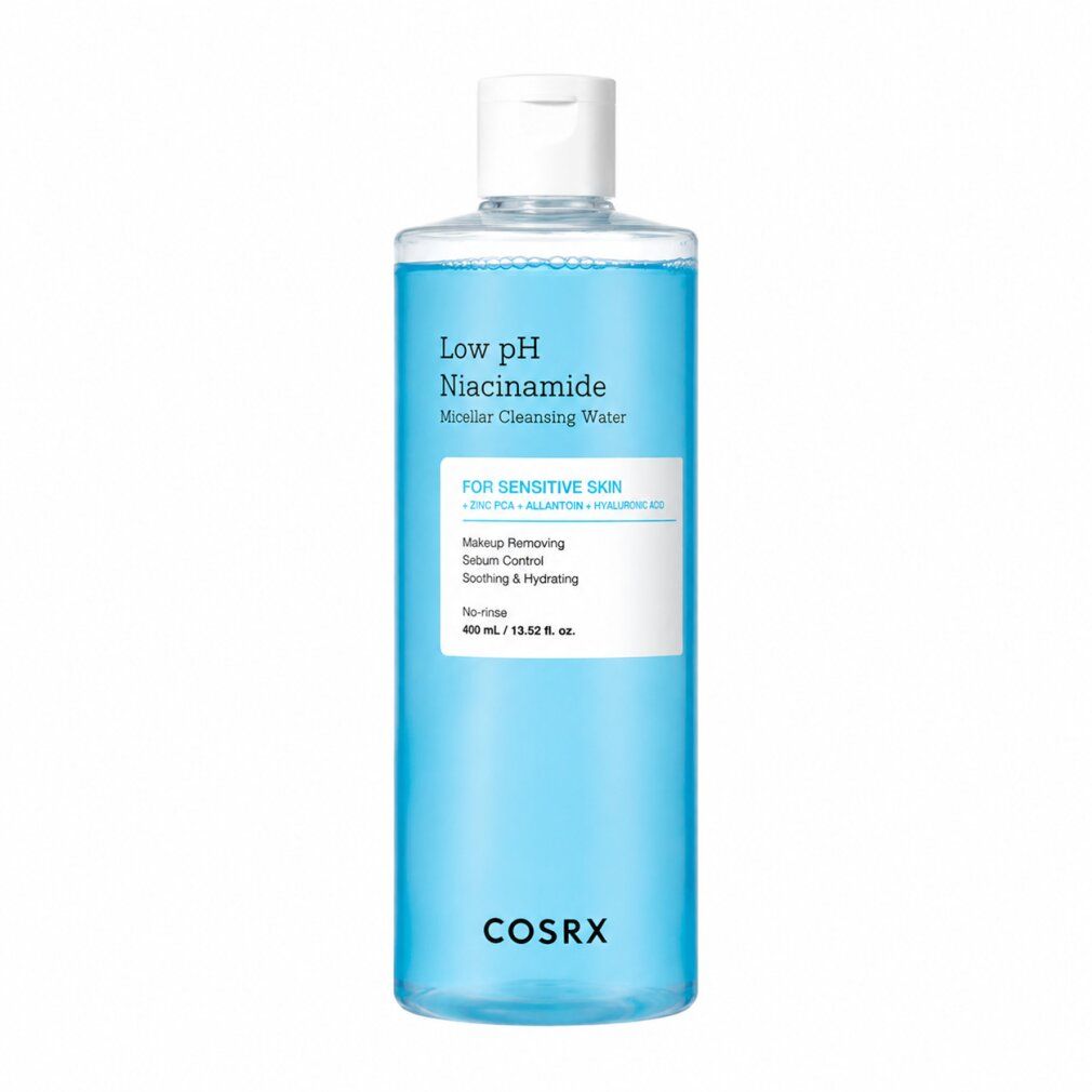 COSRX Low pH Niacinamide Micellar Cleansing Water Flasche mit blauem Inhalt und weißem Etikett.