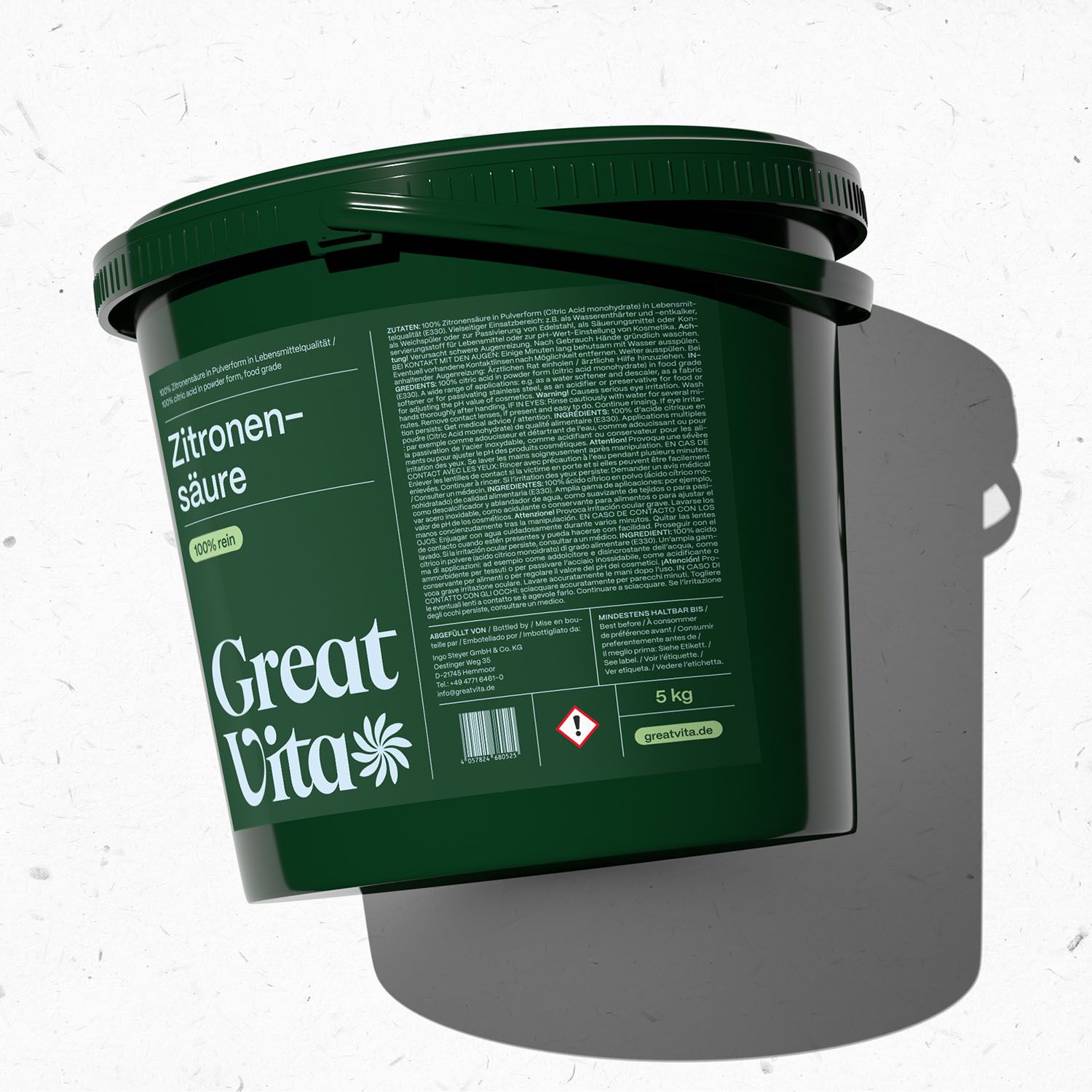 Grüner Eimer mit Zitronensäure und Great Vita Logo. 100% rein. 5 kg. Warnhinweis.