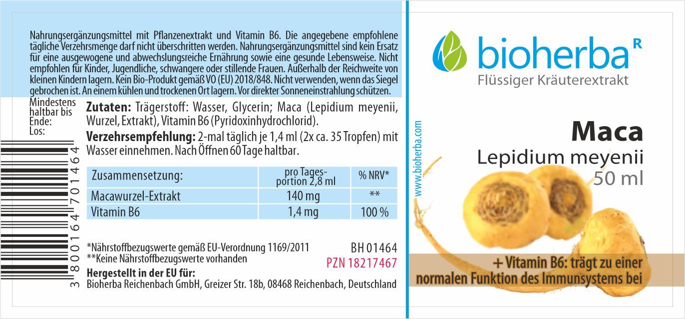 Etikett mit Produktinformationen. Text: Bioherba, Maca Lepidium meyenii, 50 ml. Enthält Vitamin B6. Zutaten, Verzehrempfehlung.