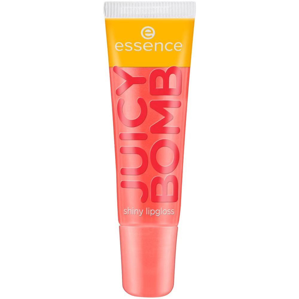 Glänzendes Lipgloss Juicy Bomb in einer Tube. Marke Essence. Rosa Farbton. Aufschrift Juicy Bomb und shiny lipgloss.