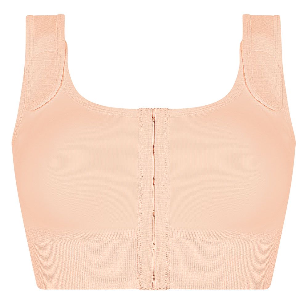 Beigefarbener Kompressions-BH mit Frontverschluss. Breitere Träger und glatte Oberfläche.