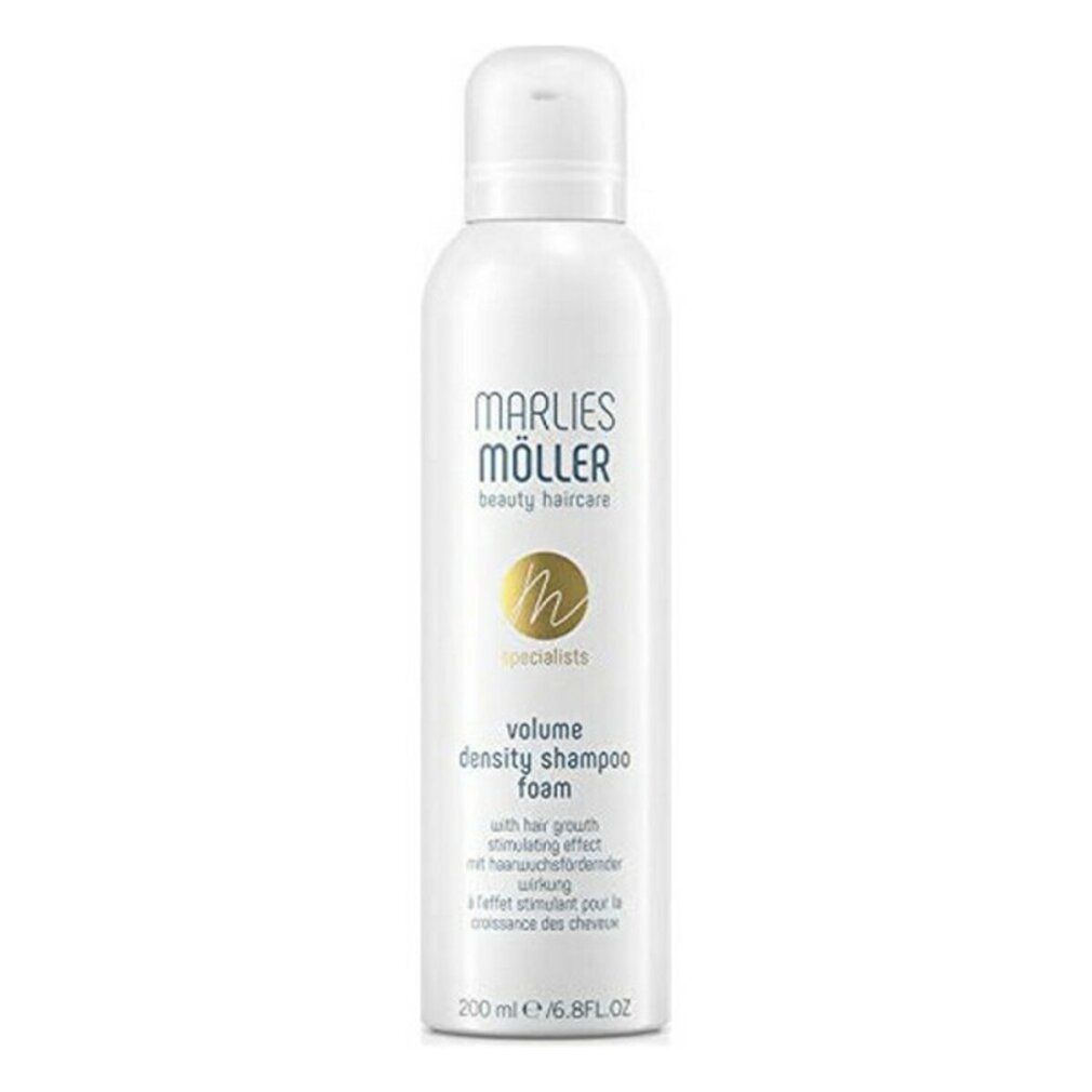 Weiße Flasche Marlies Möller Volume Density Shampoo Foam. Text in Deutsch, Englisch und Französisch. Mit Pumpkopf.