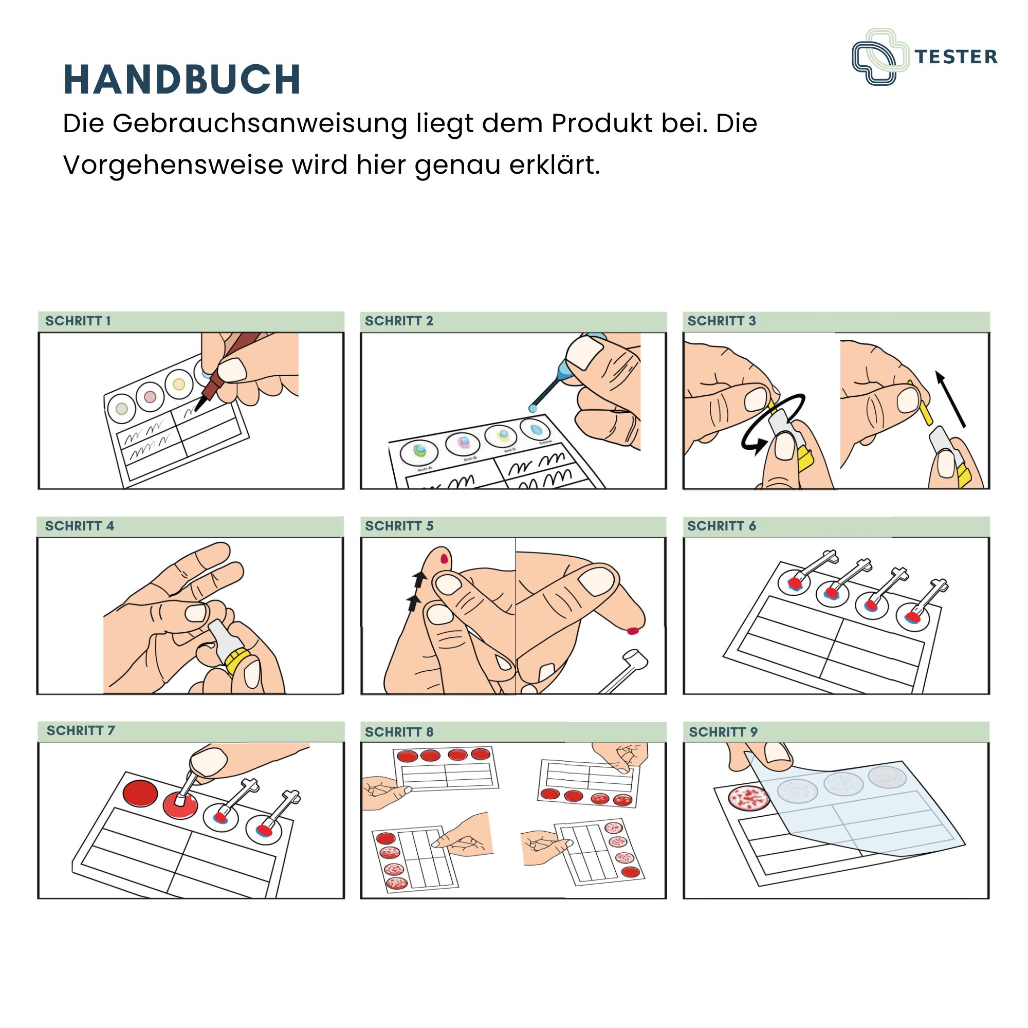 Handbuch mit Schritt-für-Schritt-Anleitung. Neun Illustrationen zeigen die Vorgehensweise des Tests.