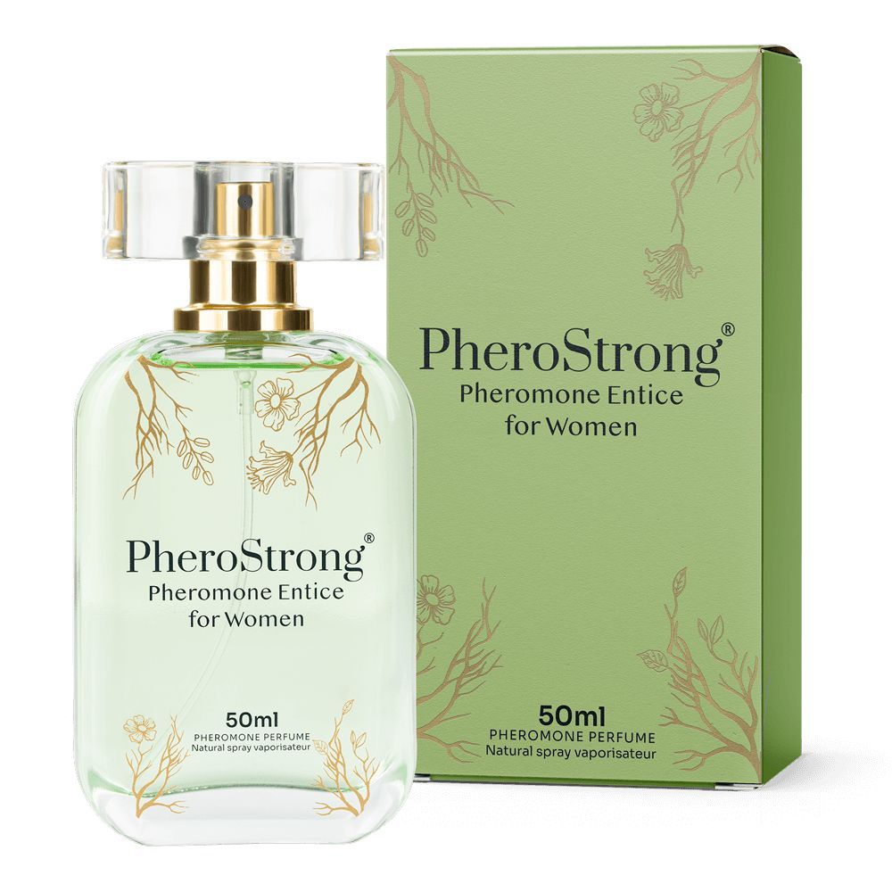 PheroStrong Pheromon Parfüm für Frauen, 50ml Flakon mit Sprühkopf und Umverpackung.
