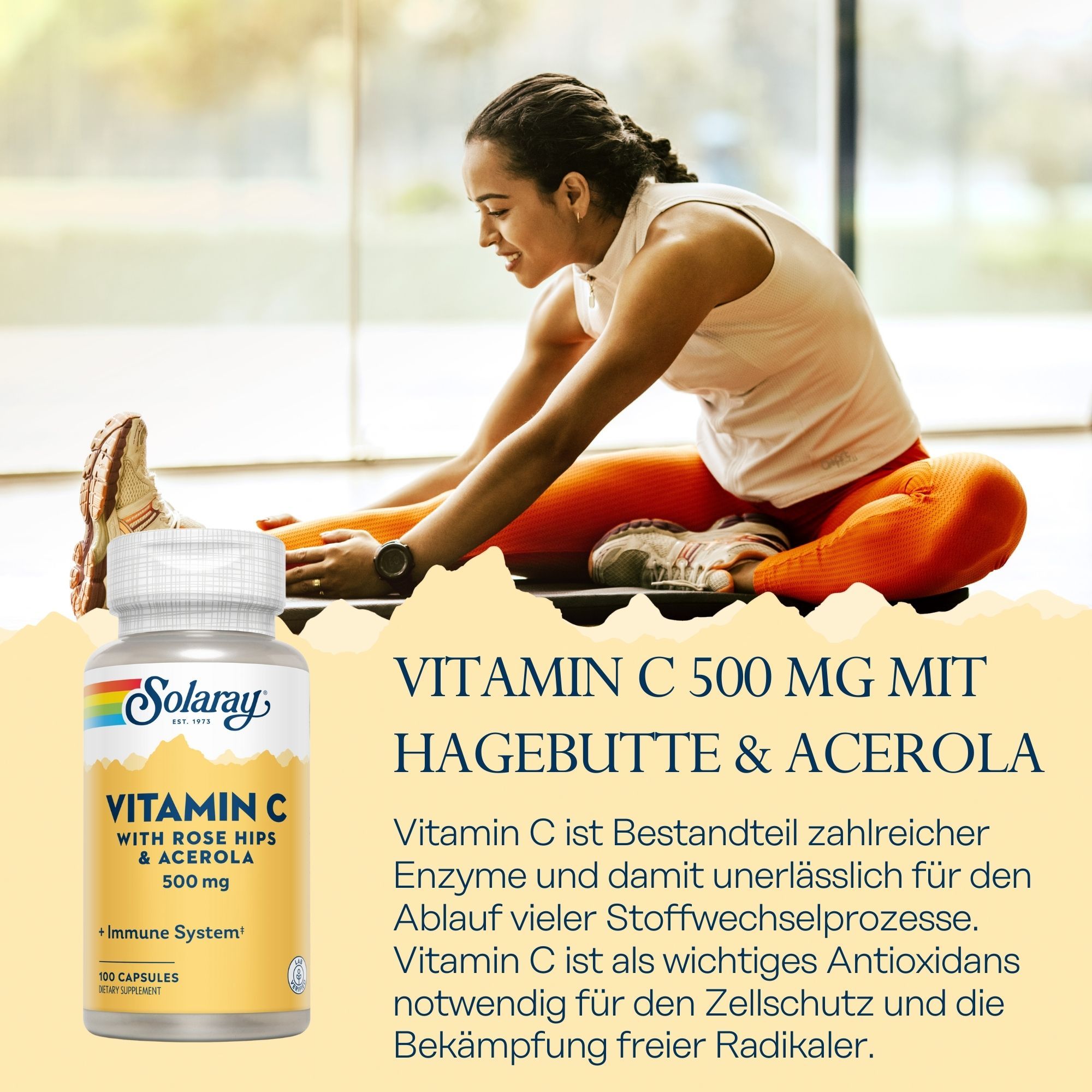 Solaray Vitamin C Flasche. Kapseln mit Hagebutte & Acerola. Frau beim Dehnen. Text: Vitamin C 500 mg. 100 Kapseln.