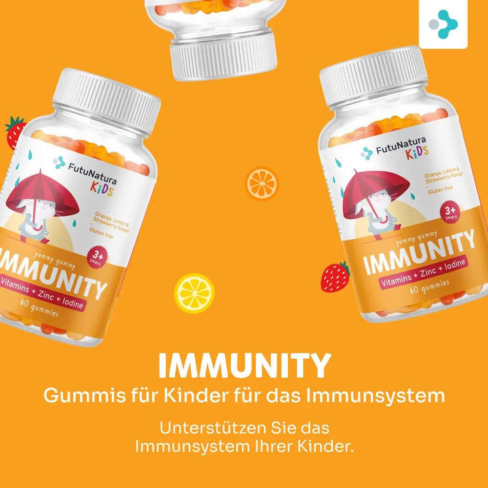 Flasche FutuNatura Immunity Gummis mit Frucht- und Vitamin-Symbolen.