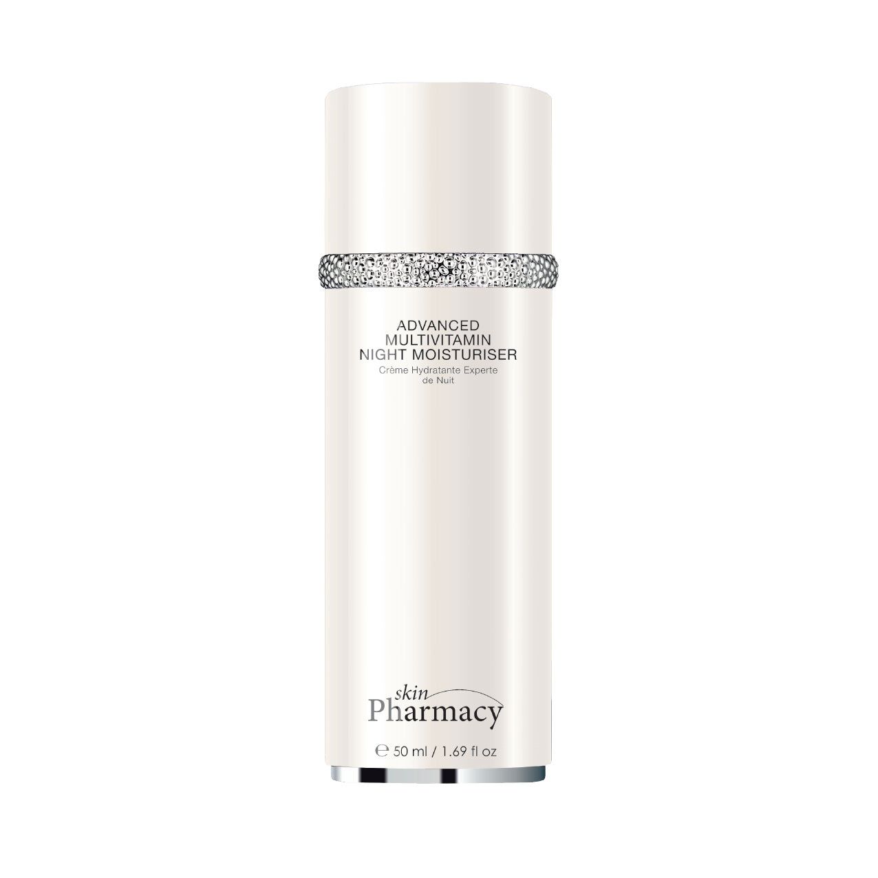 Flasche mit Advanced Multivitamin Night Moisturiser. Auf der Flasche steht skinPharmacy und Advanced Multivitamin.