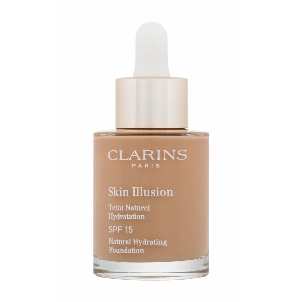 Clarins Skin Illusion Foundation. Braune Flüssigkeit in Glasflasche mit goldener Kappe und Pipette. SPF 15.