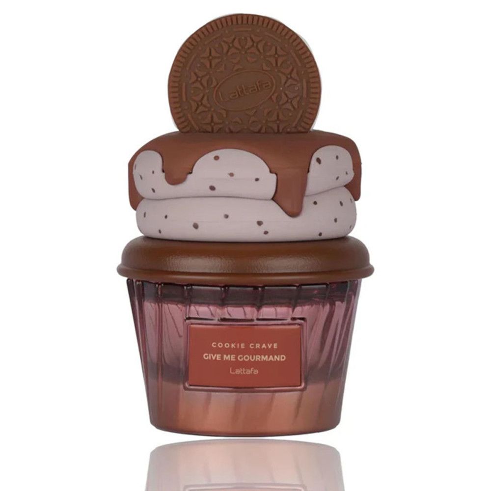 Parfümflakon in Cupcake-Form mit Keks-Dekoration. Produktname deutlich sichtbar.