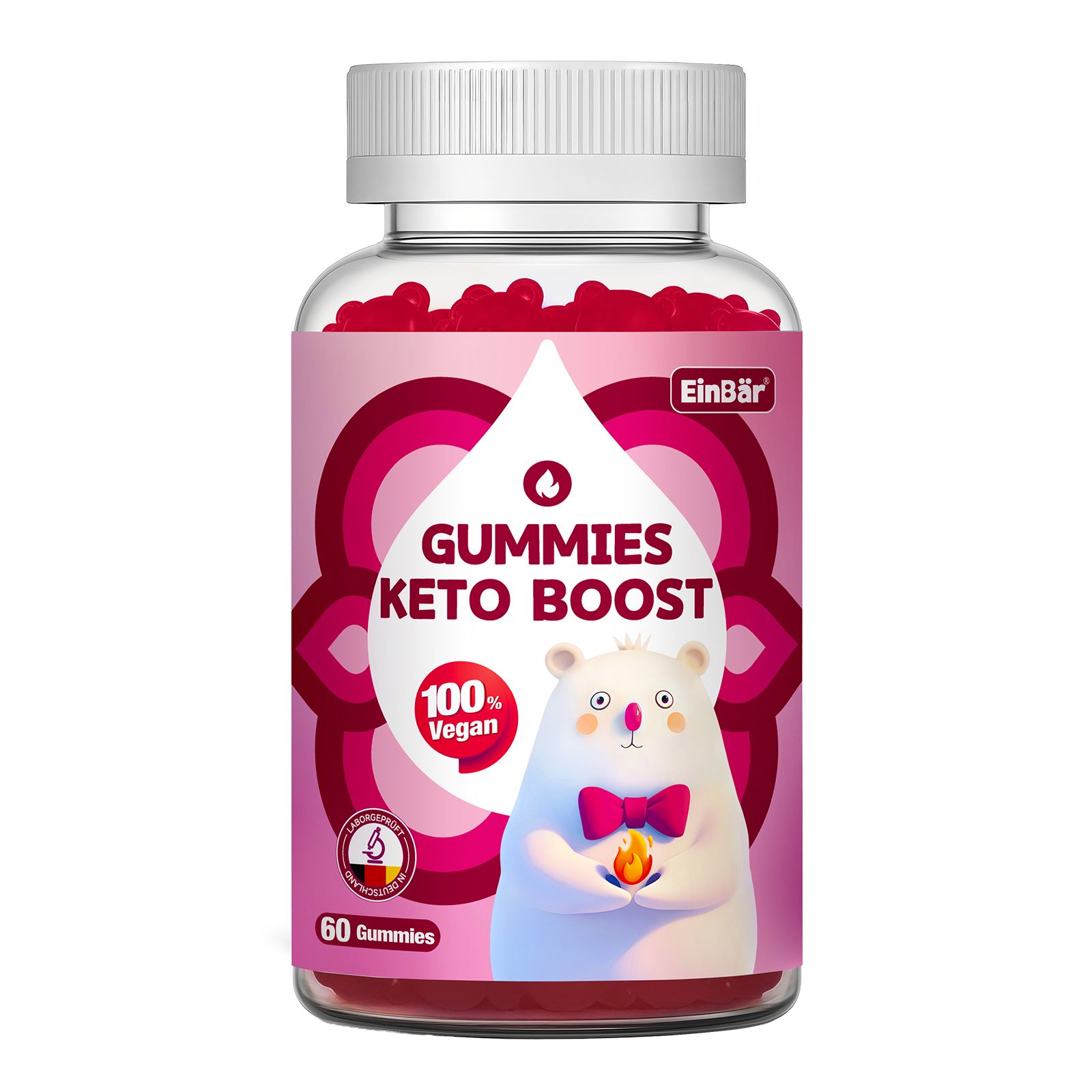 Flasche mit 60 veganen Keto Boost Gummis. Marke: EinBär. Bär-Illustration mit Fliege.