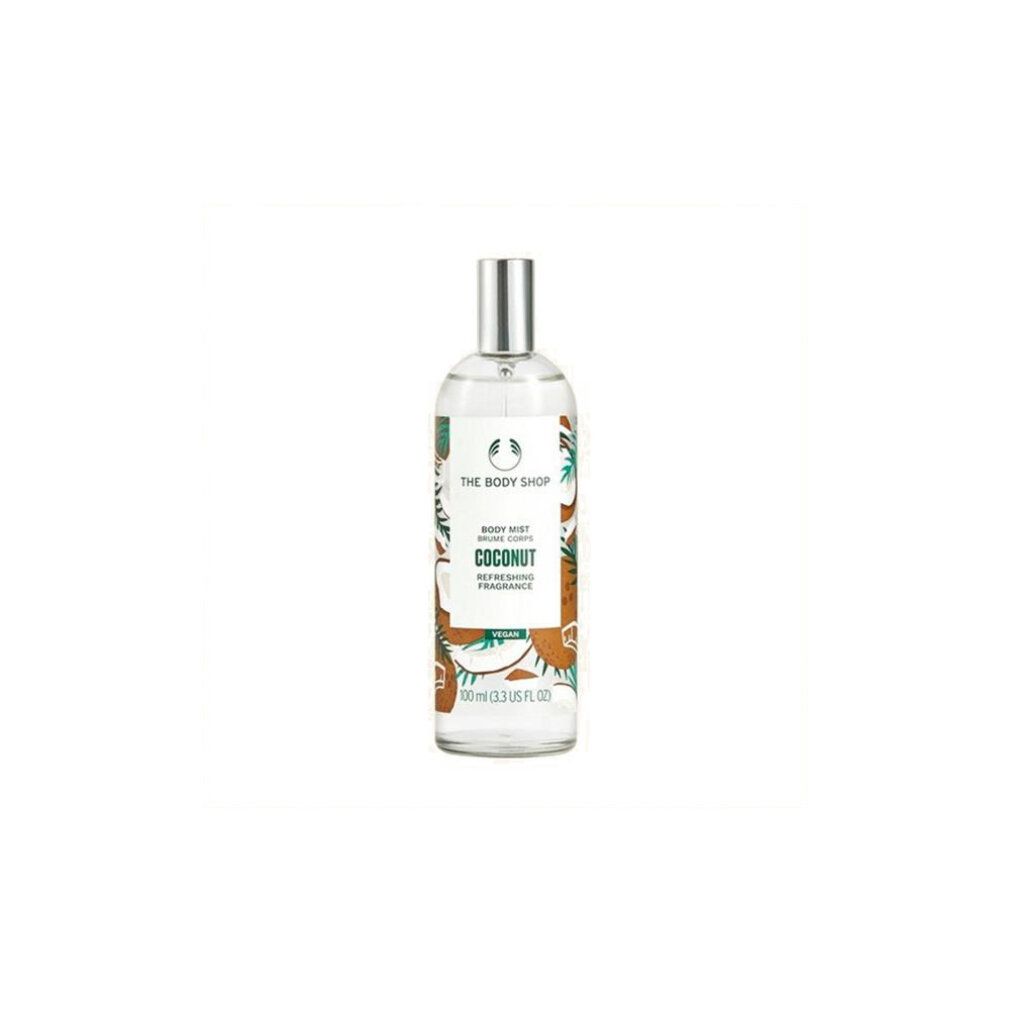 Körpernebel-Flasche mit Kokosnuss-Design. Silberner Sprühkopf. Aufschrift: "Coconut".