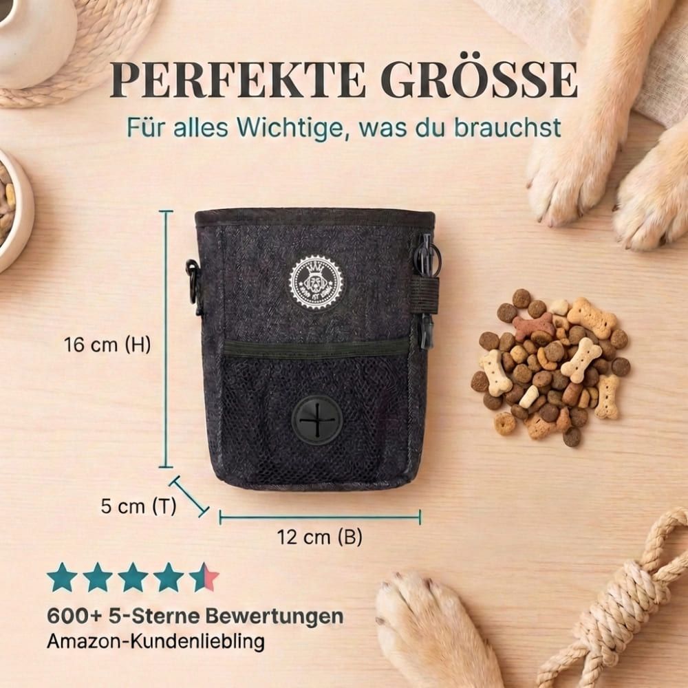 Schwarzer Futterbeutel mit Maßen. Text: Perfekte Größe. 16 cm hoch, 5 cm tief, 12 cm breit. 5-Sterne Bewertungen.
