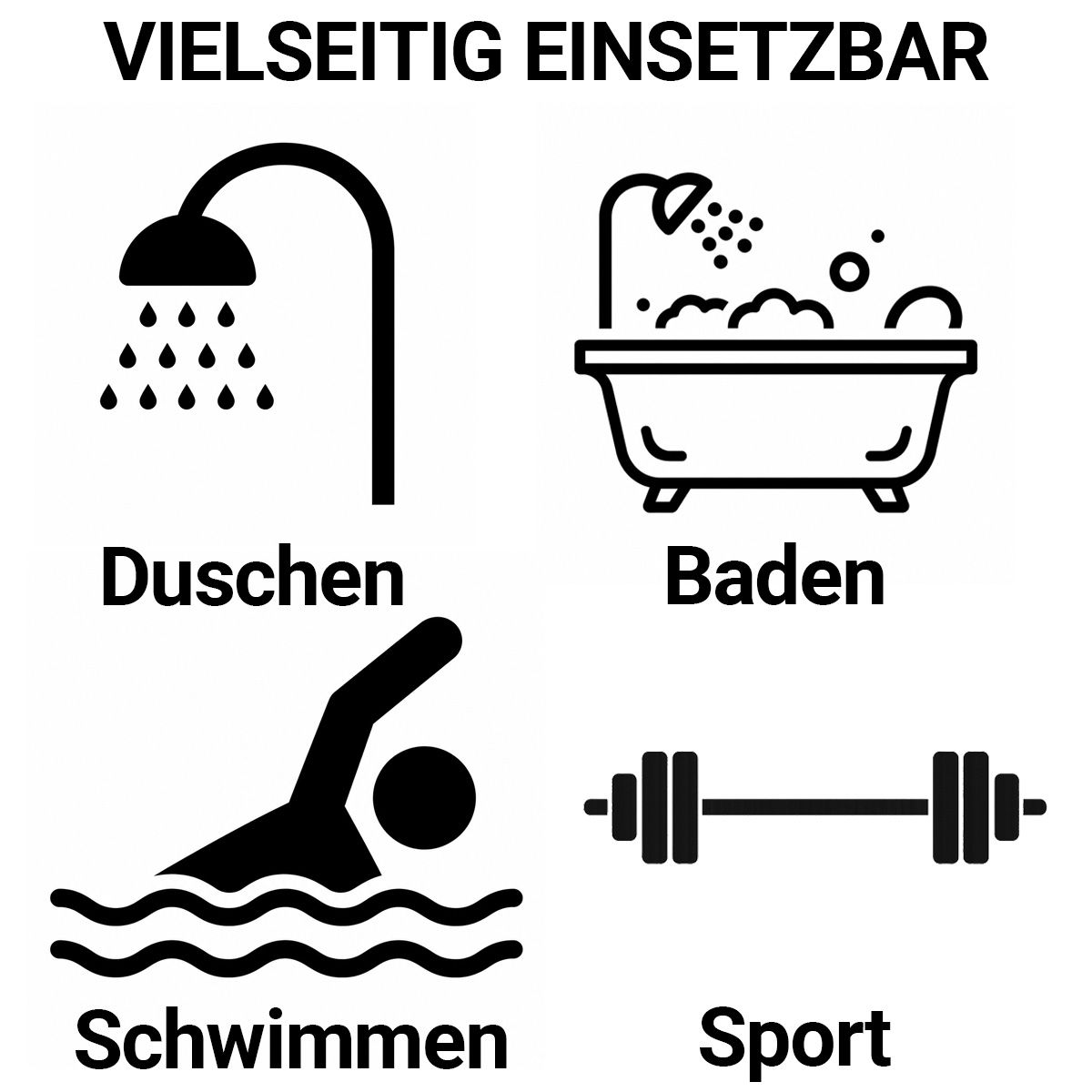 Symbole für Duschen, Baden, Schwimmen und Sport mit Text.