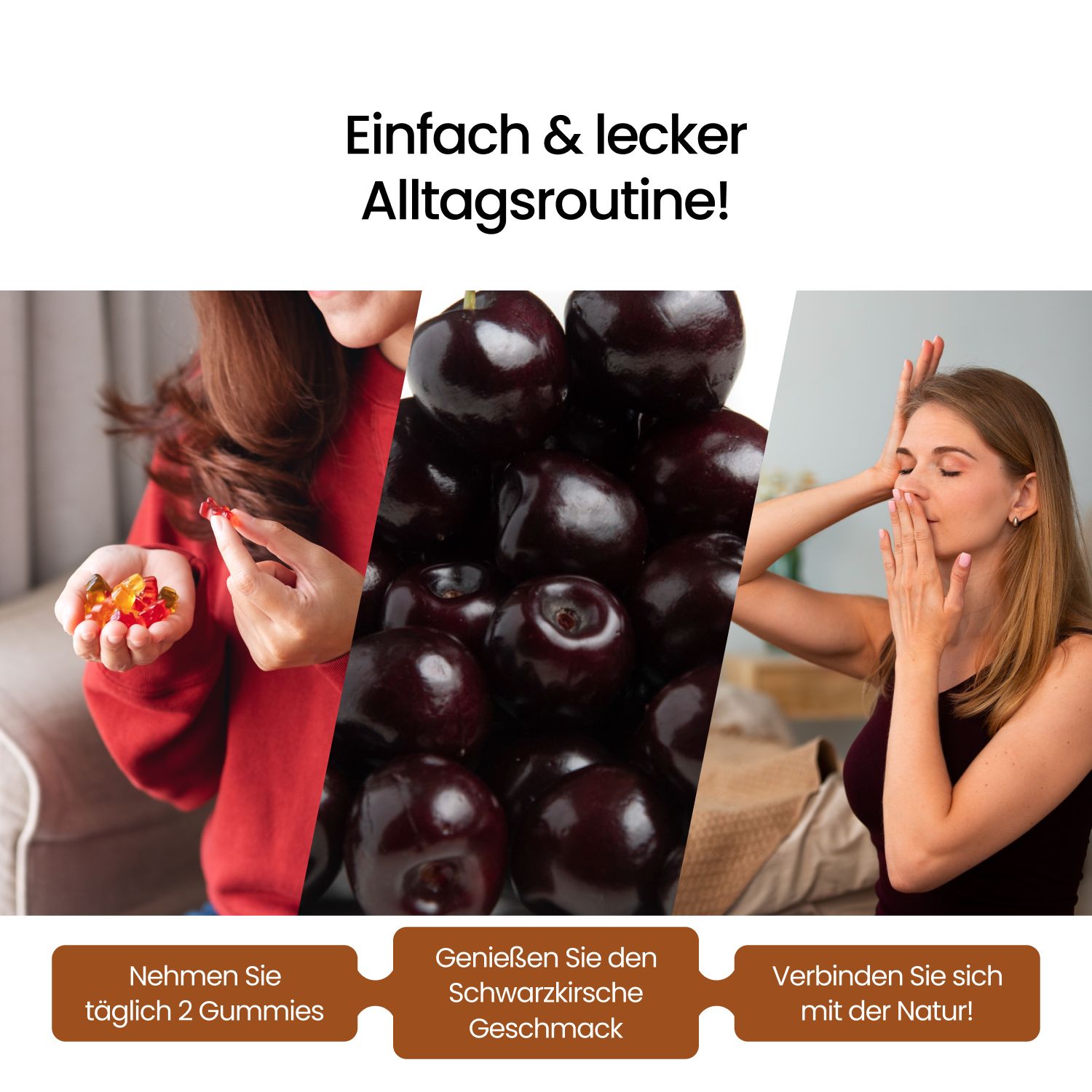 Collage: Frau nimmt Gummibärchen, Kirschen, Frau mit Hand am Gesicht.