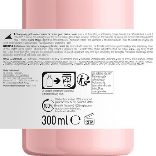 Rückseite einer L'Oréal Professionnel Vitamino Color Shampoo Flasche mit Inhaltsstoffen und Recycling-Informationen.