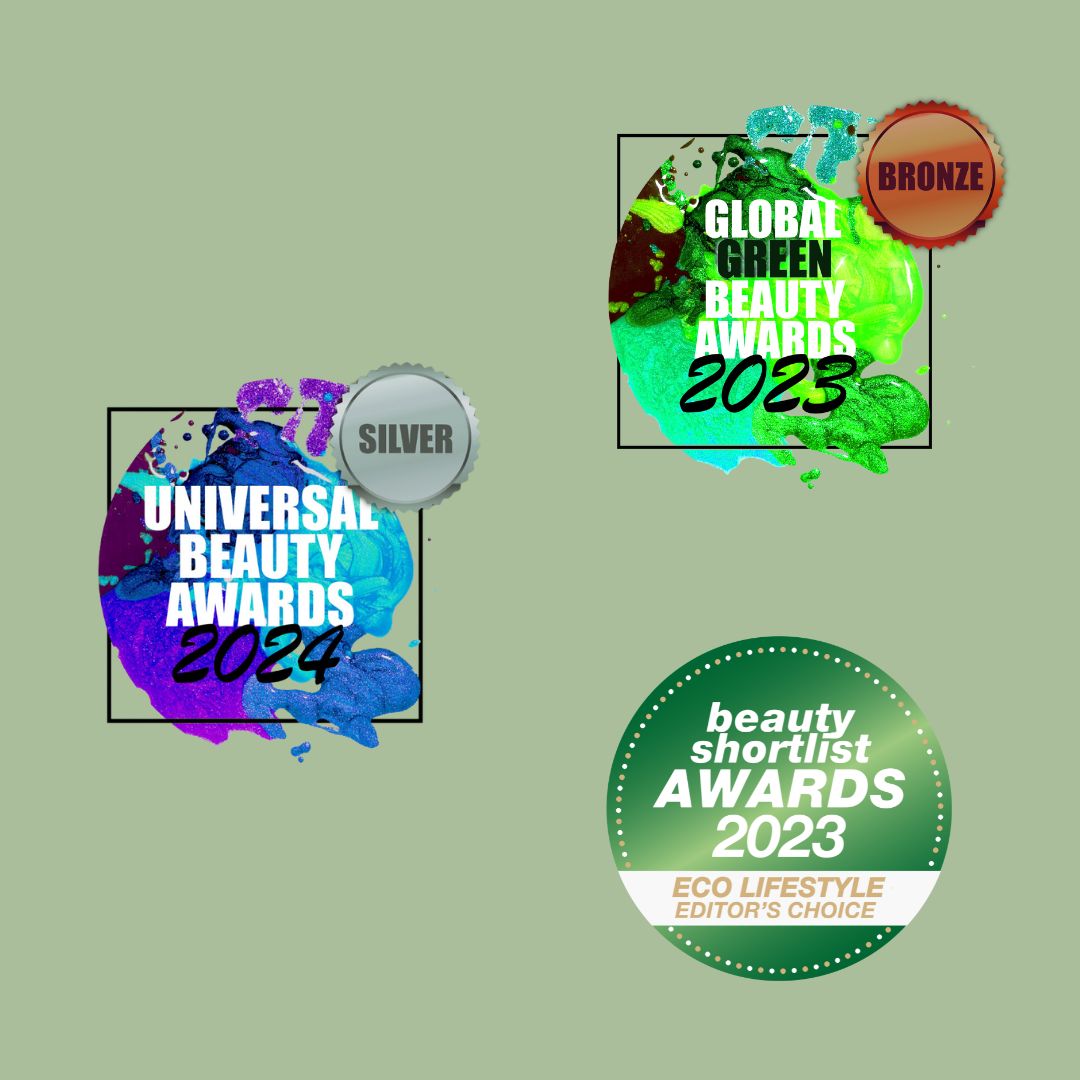 Drei Auszeichnungen: Global Green Beauty Awards 2023, Universal Beauty Awards 2024, Beauty Shortlist Awards 2023. Auf grünem Hintergrund.