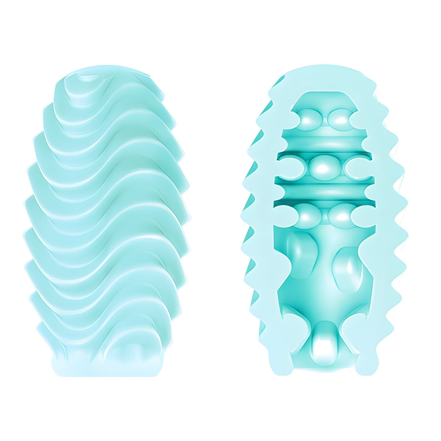Zwei hellblaue, eiförmige Produkte. Eines mit gewellter Oberfläche, das andere mit Noppen und Kugeln.