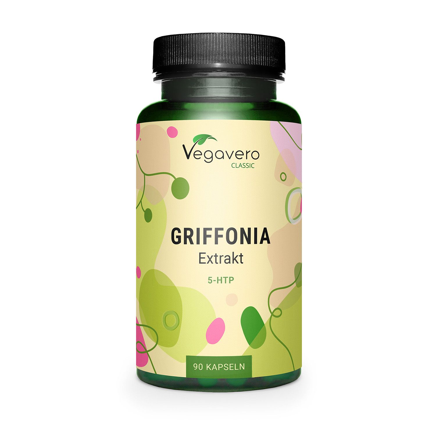 Grüne Flasche mit schwarzen Deckel. Aufschrift: VEGAVERO, GRIFFONIA Extrakt, 5-HTP, 90 Kapseln. Hintergrund mit grünen und rosa Formen.