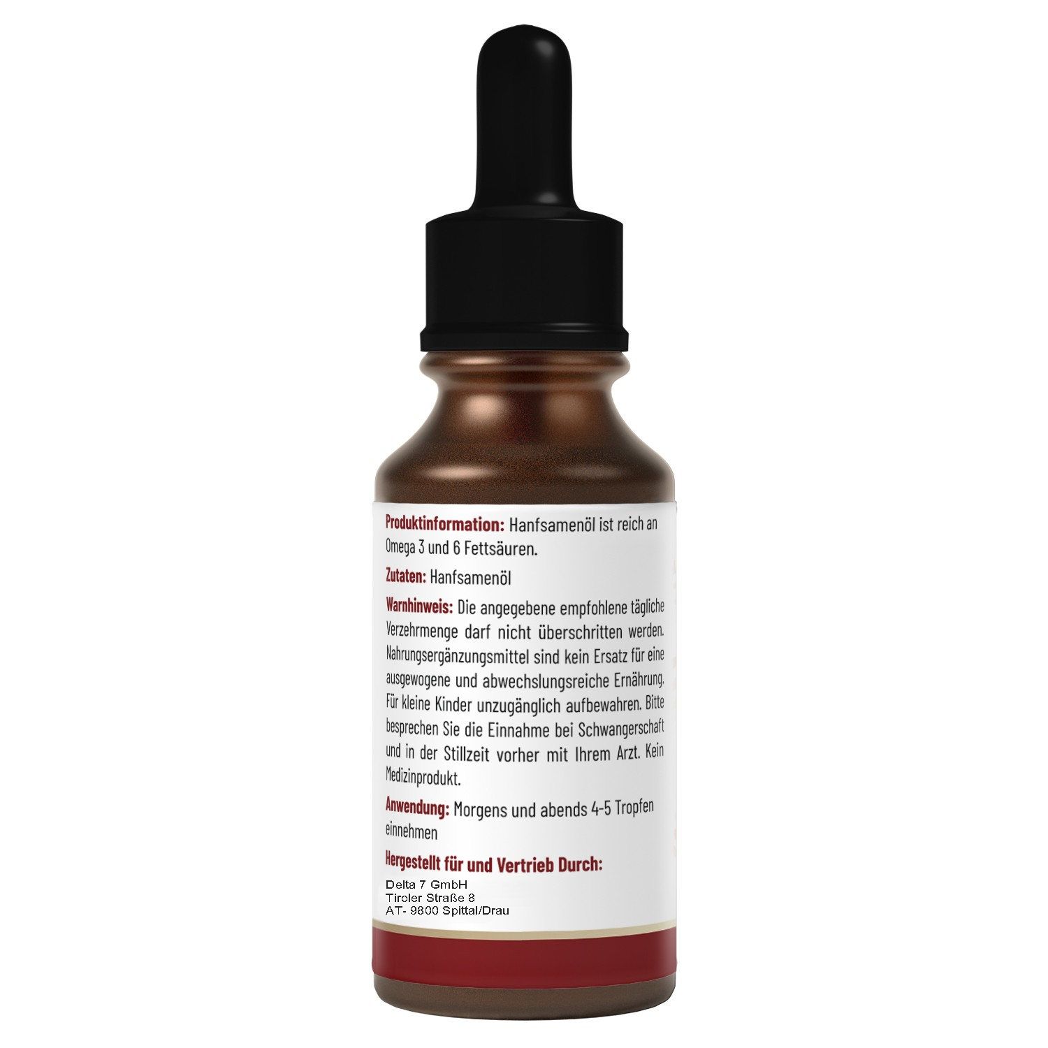 Rückseite der Flasche. Text: Produktinformationen, Zutaten, Warnhinweise, Anwendung, hergestellt und vertrieben durch.