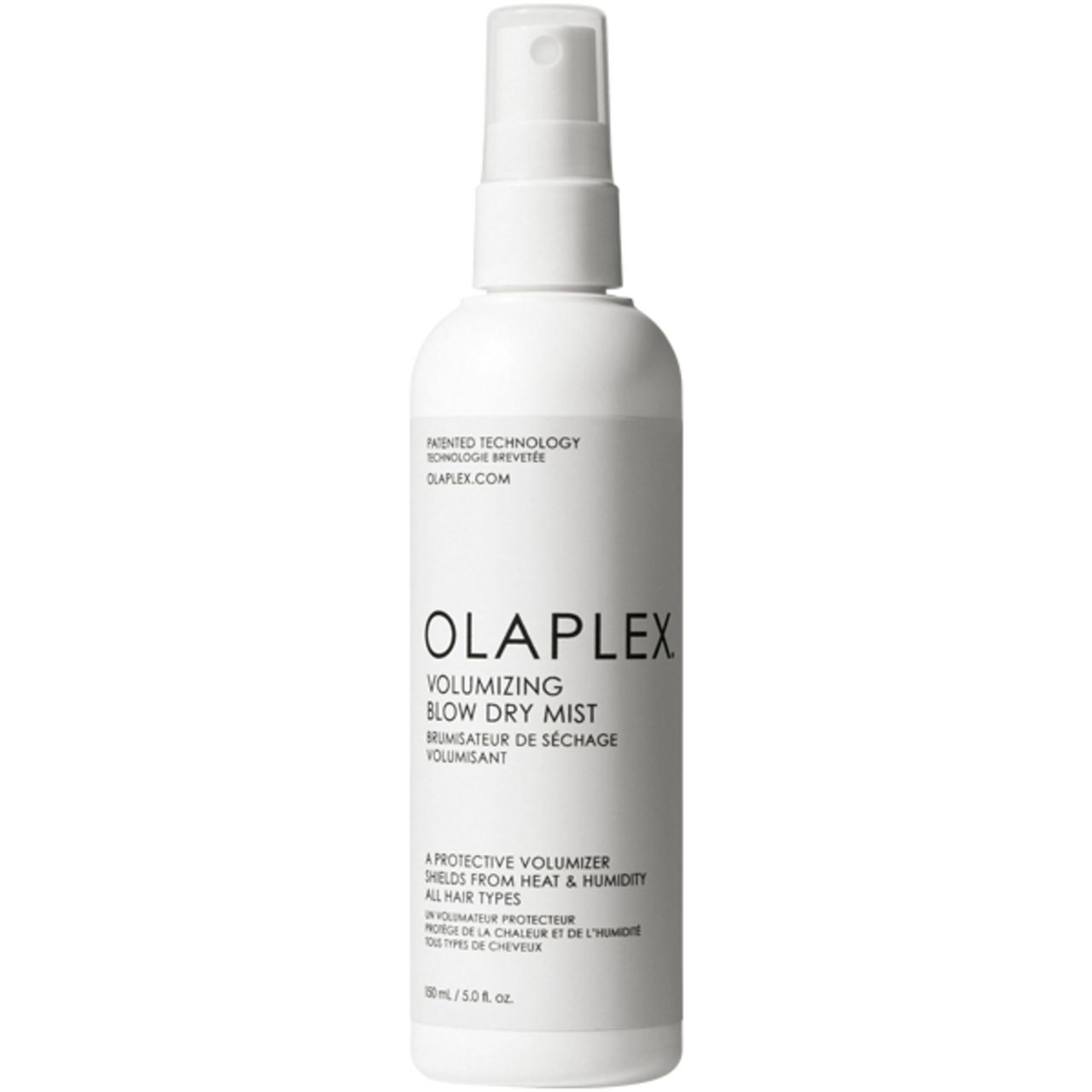 Weiße Sprühflasche mit Olaplex-Logo und Produktbezeichnung. Enthält Text in Englisch und Französisch. Sprühkopf oben.