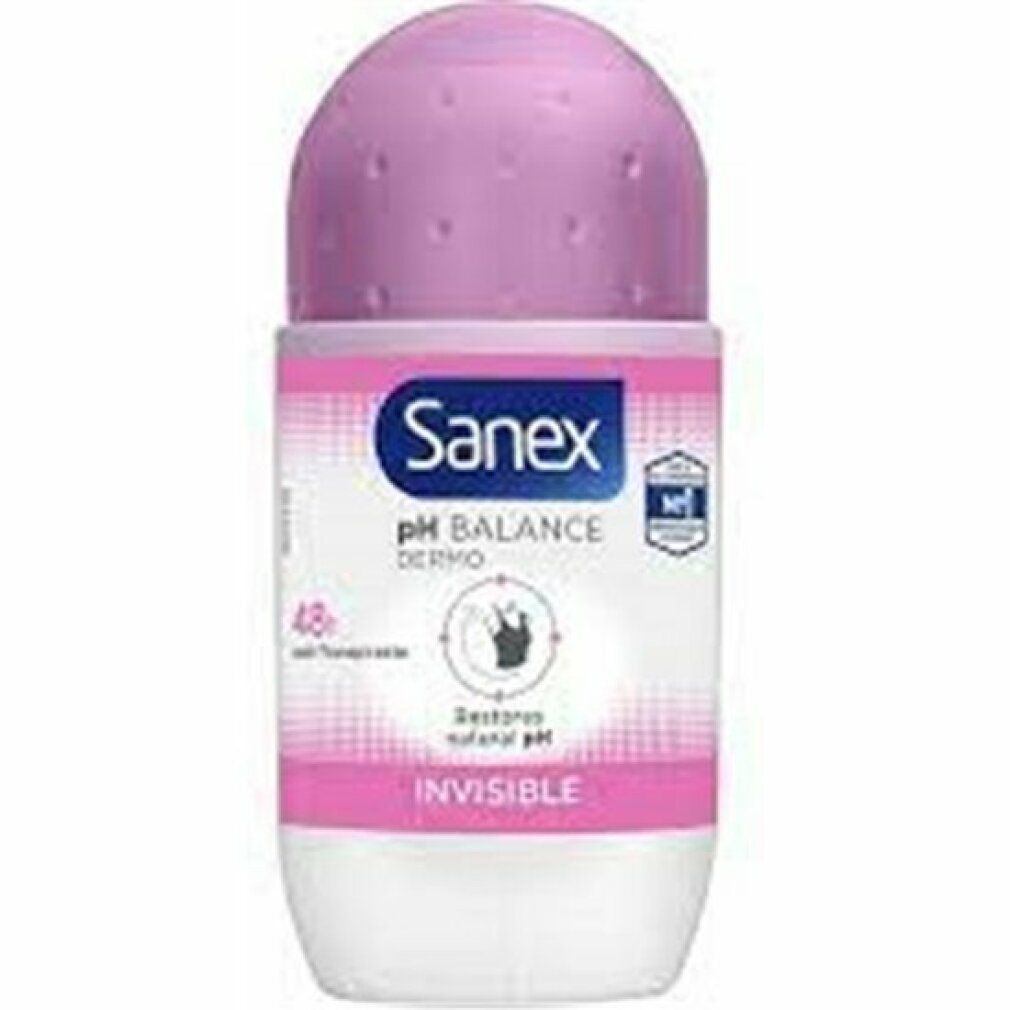 Roll-on-Deodorant mit rosa Kappe und weißem Behälter. Sanex-Logo und Produktbezeichnungen auf der Vorderseite.