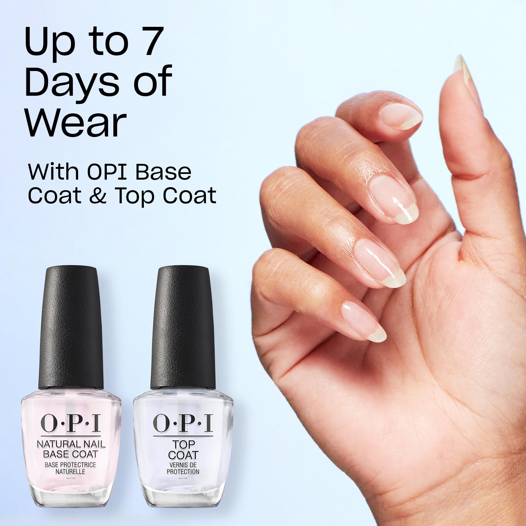 Zwei OPI-Nagellackflaschen und eine Hand mit lackierten Nägeln. Text: Bis zu 7 Tage Haltbarkeit.