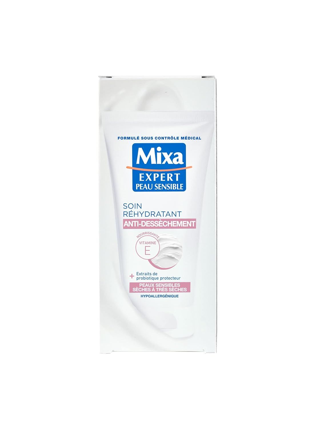 Mixa Expert Peau Sensible in Verpackung. Weiß, mit rosa und blauen Akzenten. Text: "Soin Réhydratant Anti-Dessèchement".