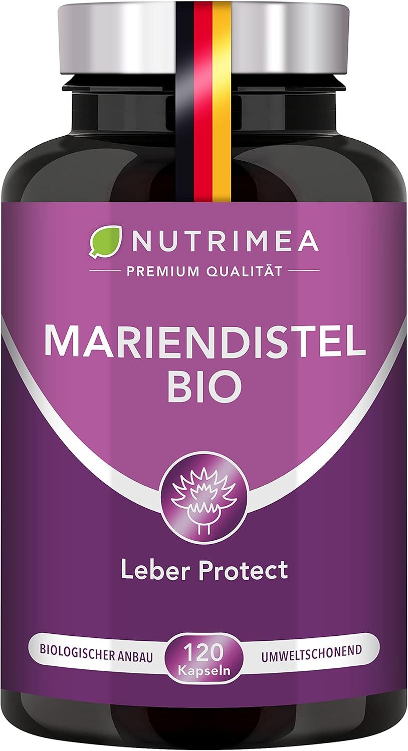 Mariendistel BIO Flasche mit 120 Kapseln. Text: Leber Protect, biologischer Anbau, umweltschonend.