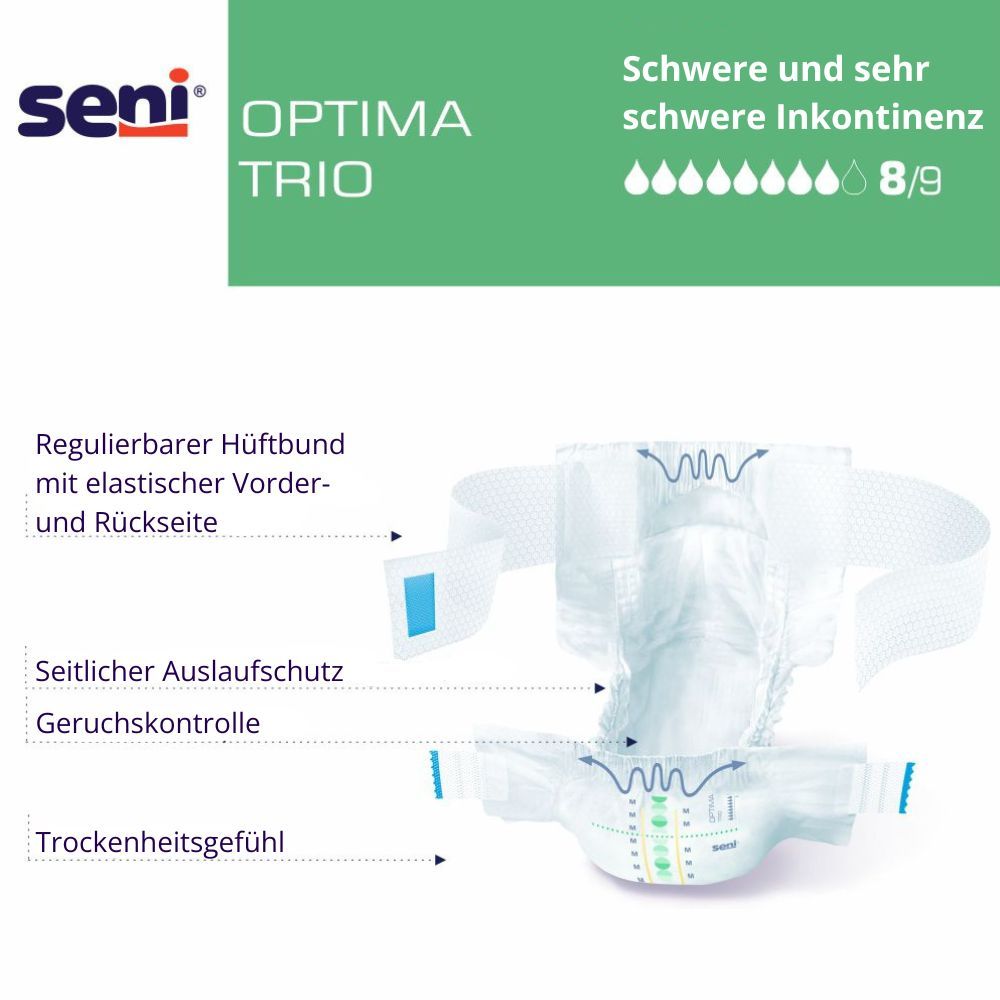 Seni Optima Trio XL, Produkt mit Text. Anatomische Form, blaue und grüne Details. Text: schwere Inkontinenz, Marke Seni.