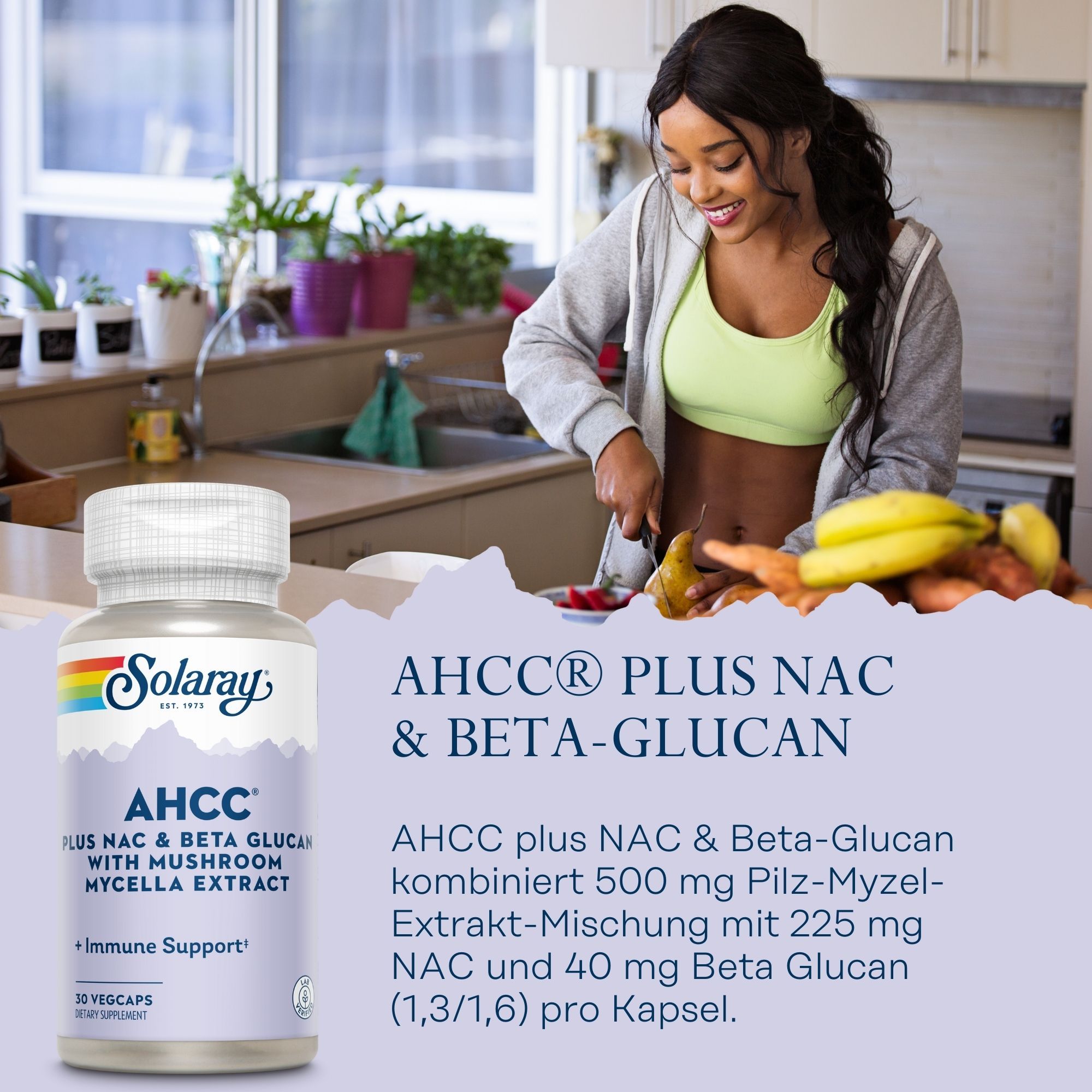 Kapsel-Dose mit AHCC Plus NAC & Beta-Glucan. Frau schneidet Gemüse. Text: AHCC Plus NAC & Beta-Glucan, 30 Vegicaps.