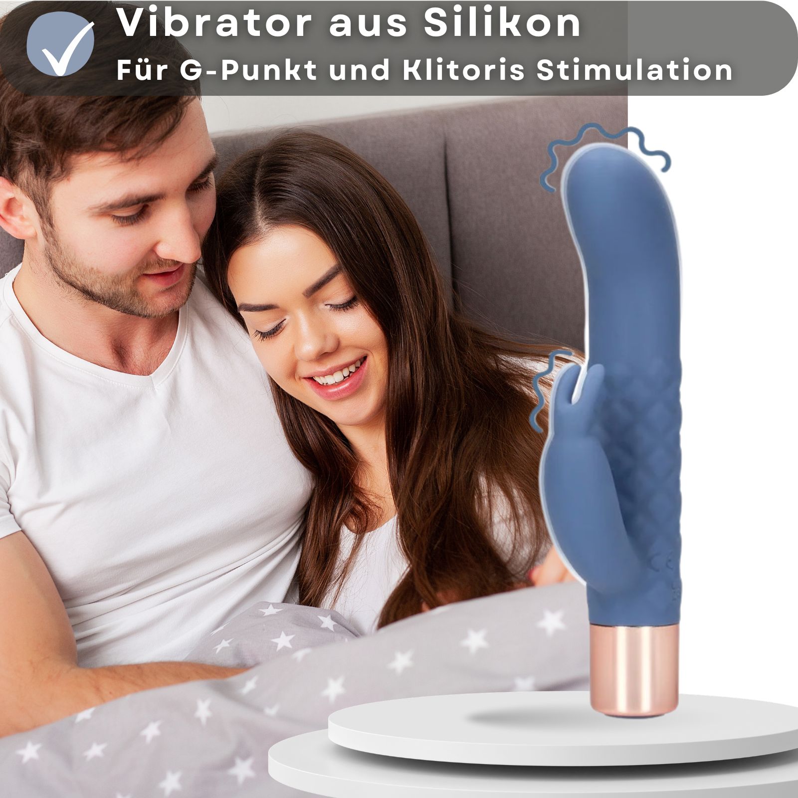 Blauer Silikon-Vibrator. Paar im Hintergrund. Text: Für G-Punkt- und Klitoris-Stimulation.