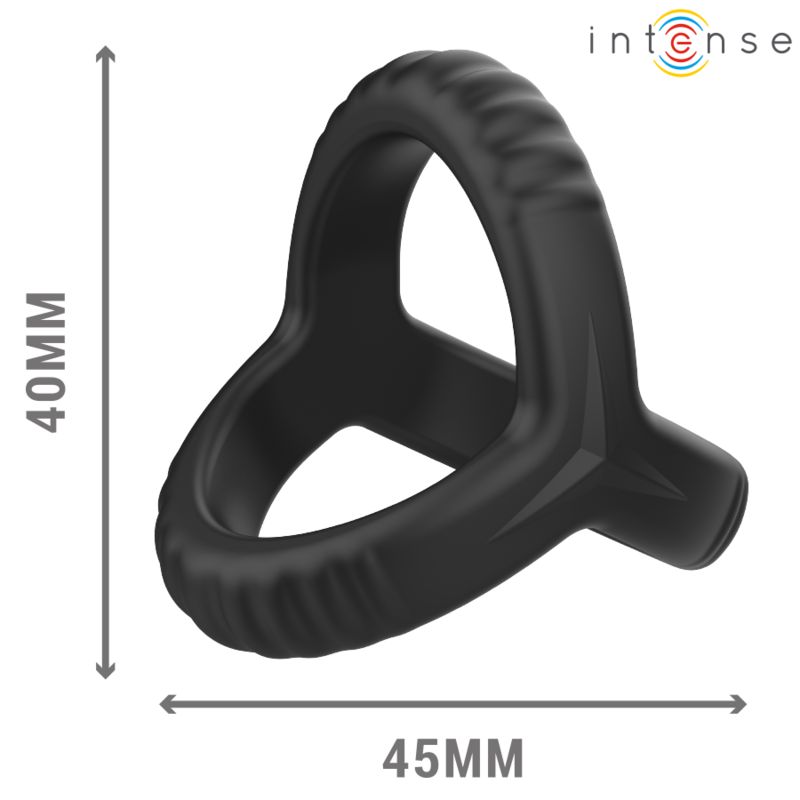 Schwarzer Penisring aus Silikon. Maße: 45mm x 40mm. Marke: Intense.