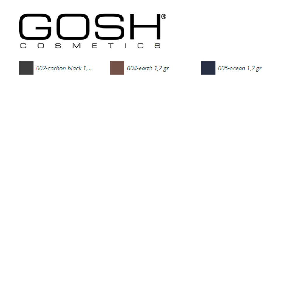 GOSH Cosmetics Logo. Farbmuster für Eyeliner: Schwarz, Braun, Blau. Produktnamen und Gewicht.