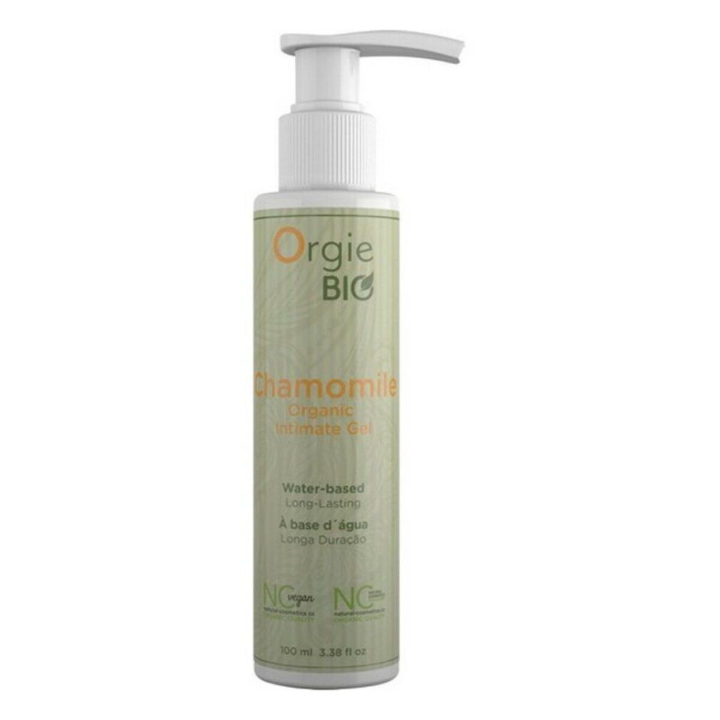 Zylindrische Flasche mit Pumpe. Aufschrift: Orgie BIO, Chamomille, Organic Intimate Gel. Vegan-Siegel.