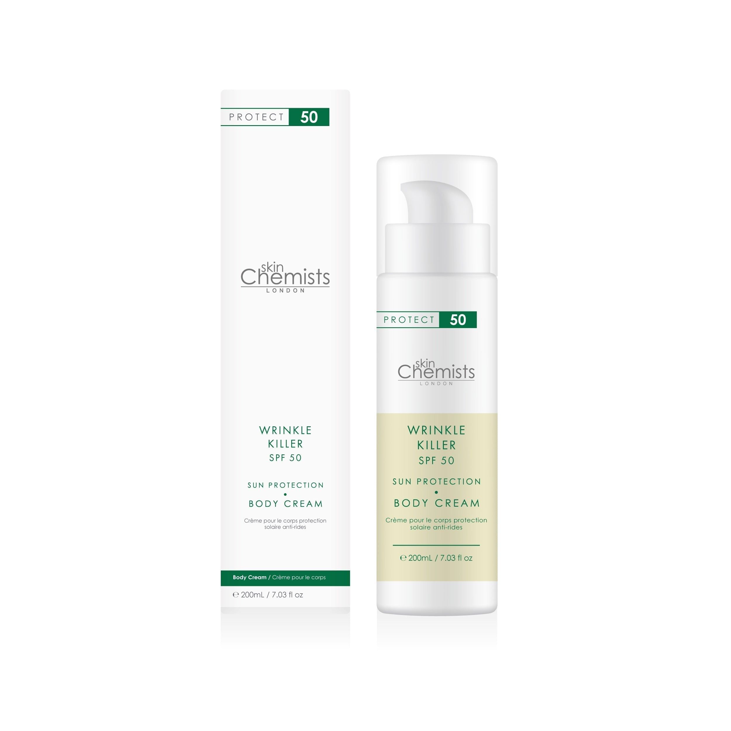 Weiße Flasche und Verpackung mit Text. "Wrinkle Killer SPF 50 Body Cream" und "Skin Chemists London" sind sichtbar.