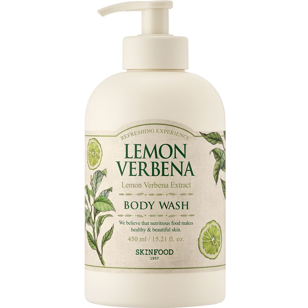 Beige SKINFOOD Lemon Verbena Body Wash Flasche mit Pumpverschluss. Etikett mit Produktnamen, Zitronen- und Blattillustrationen.