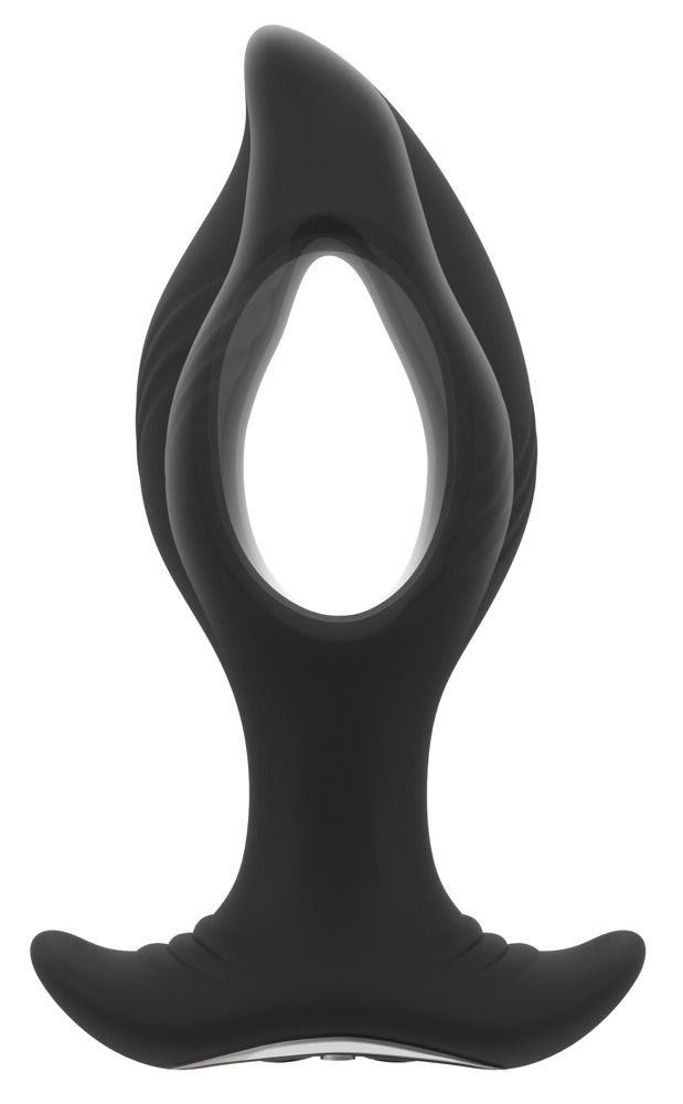 Schwarzer Analplug mit Loch-Design, breiter Basis und geschwungenen Seiten.